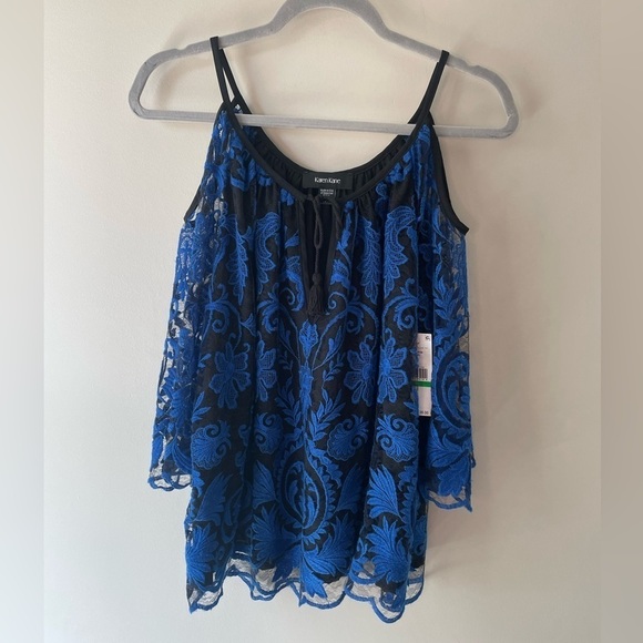 Karen Kane Tops - NWT Karen Kane Blouse Black Mesh with Royal Blue Burnout Floral Embroidery Large